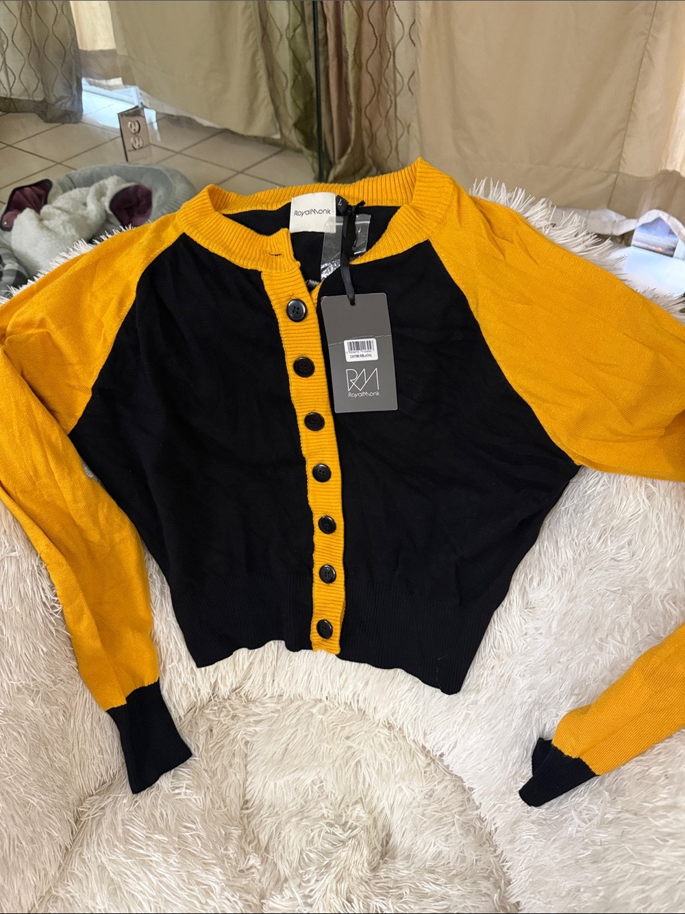 Black and Mustard Button-Front Cardigan sweater